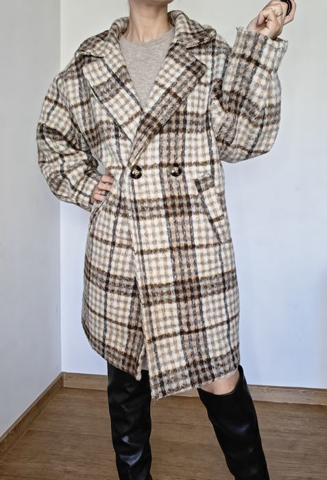 Płaszcz italy wełniany wełna oversize krata jesienny zimowy ciepły