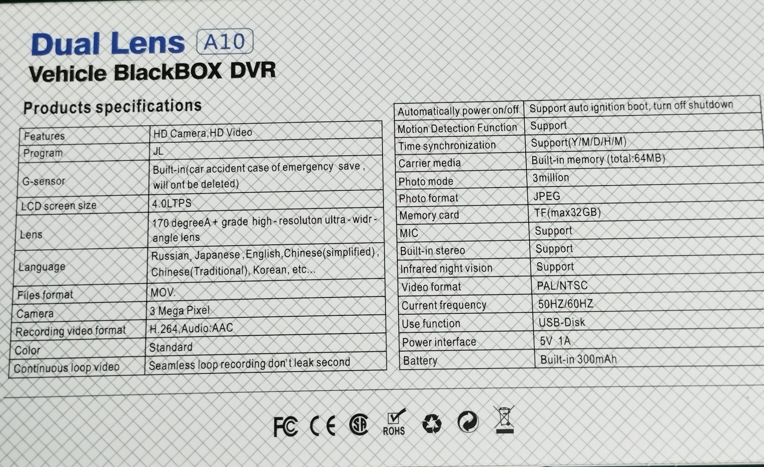 Kamera samochodowa Dual Lens A10 lack BOX DVR