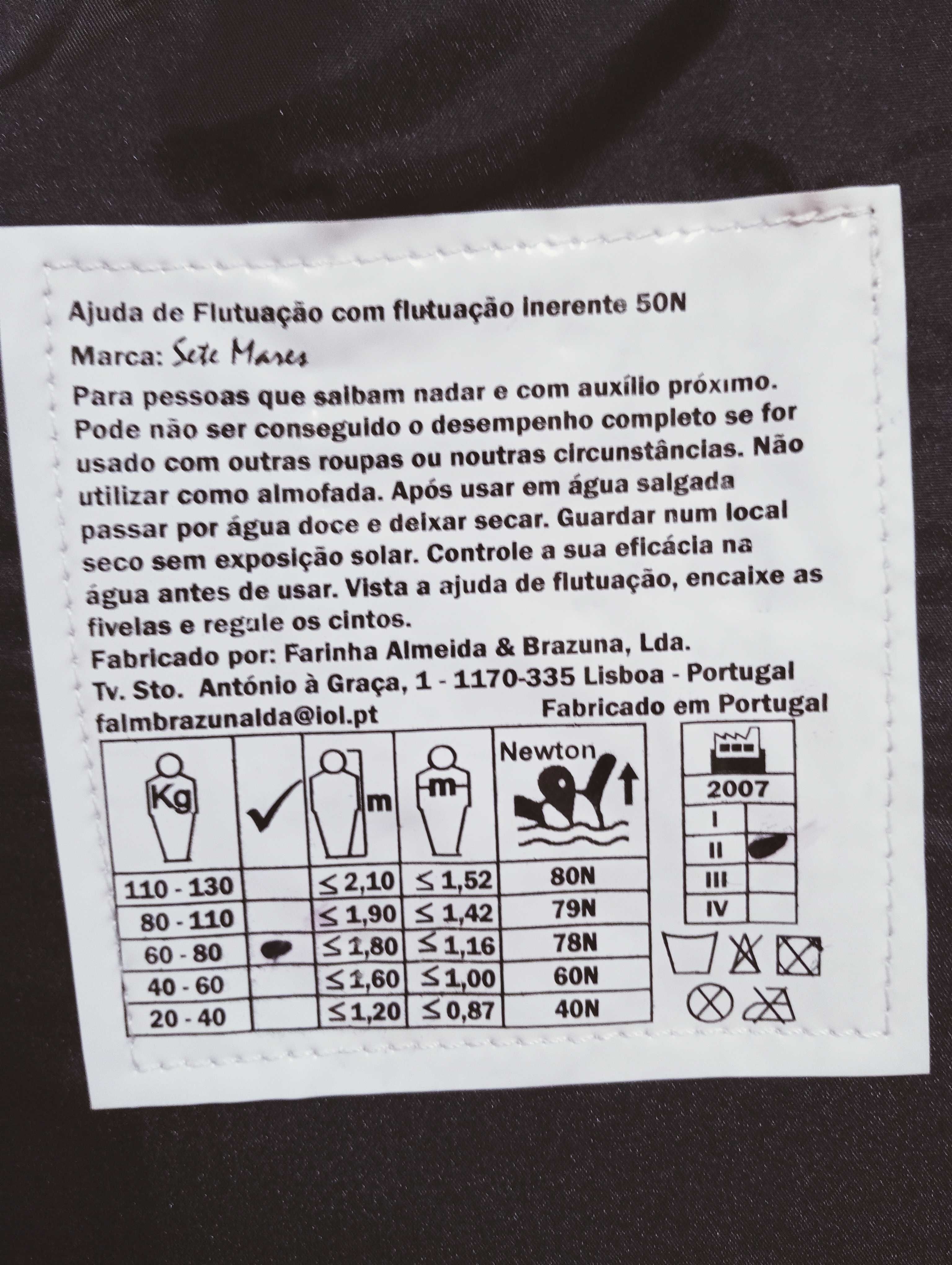 Colete - Ajuda de Flutuação - Colete de Adulto: 60/80 Kgs - 1,80cm
