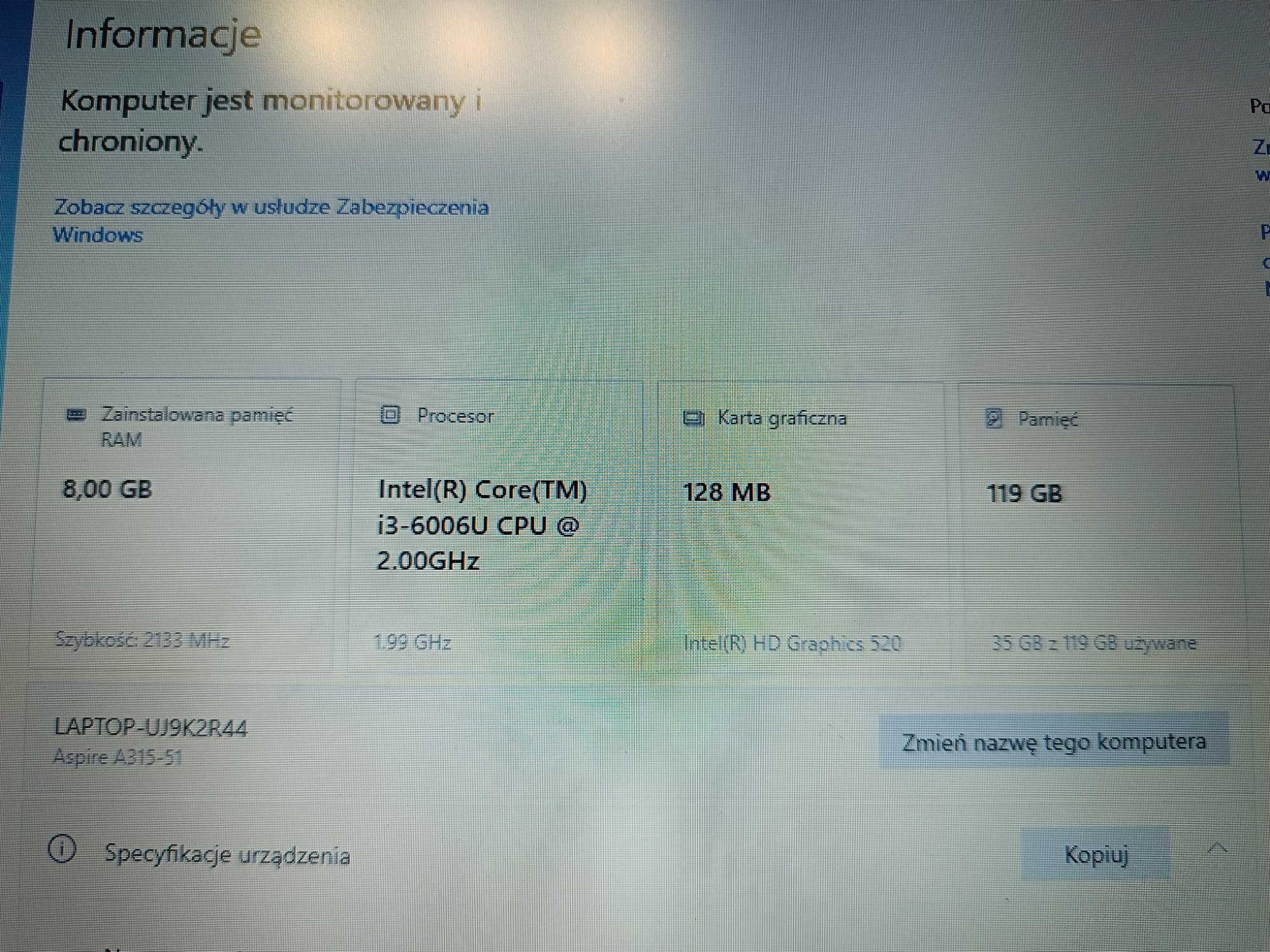 ACER A315-51   i3-6006U gwarancja nowy akumulator.