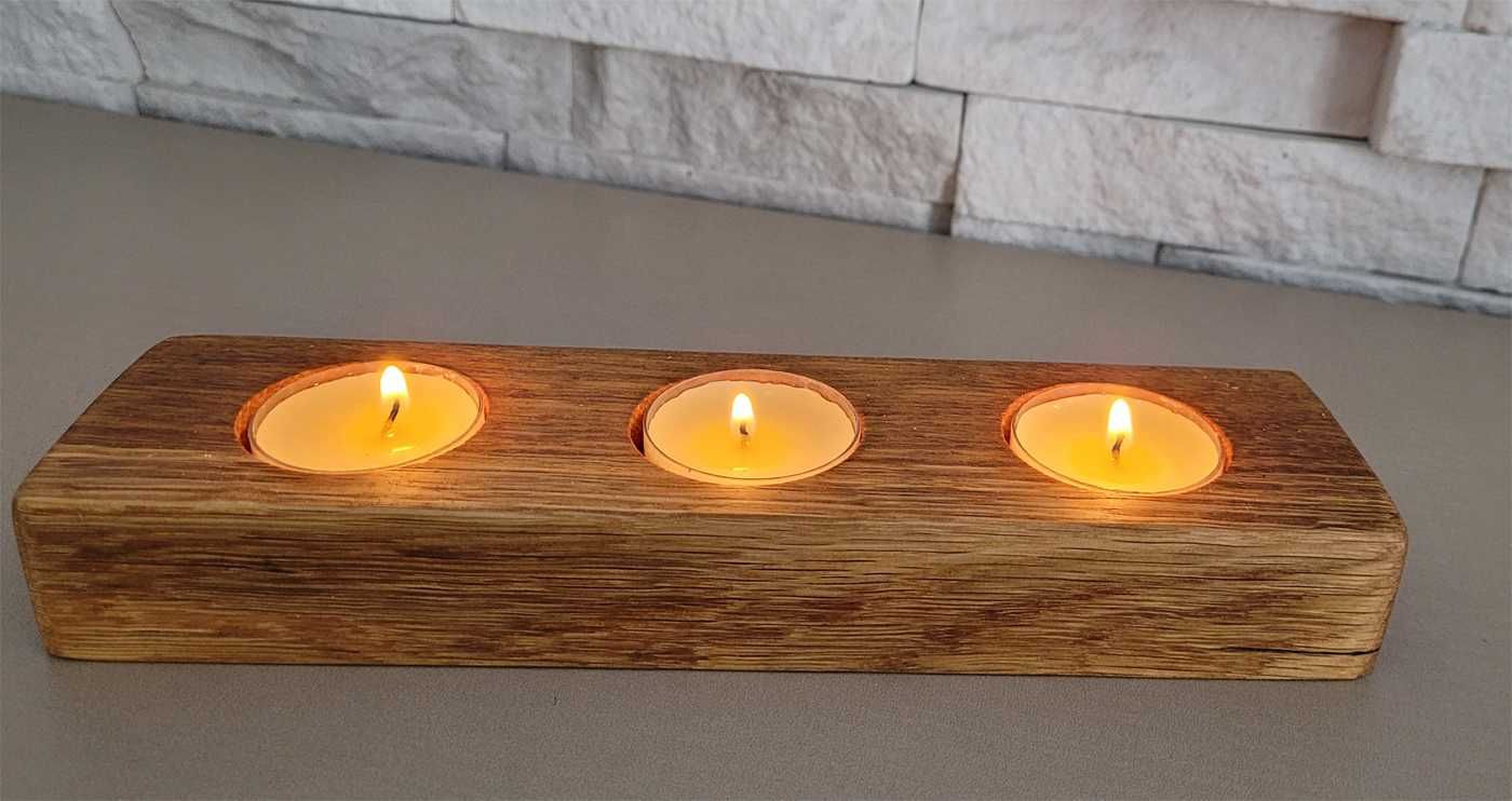 Dębowy potrójny świecznik ręcznie robiony tealight, Loft.