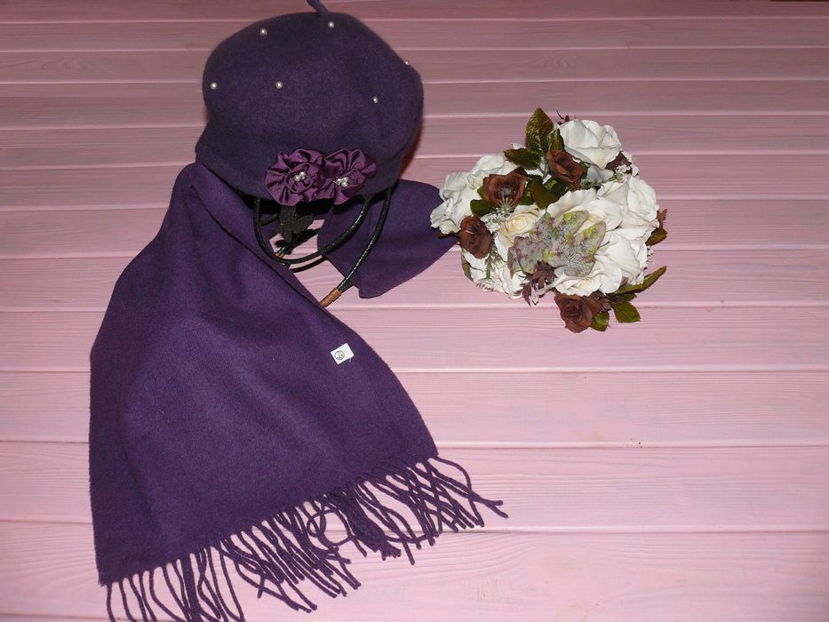 Комплект Берет и шарф,  100% шерсть+шелк Малбери, р. 55-56