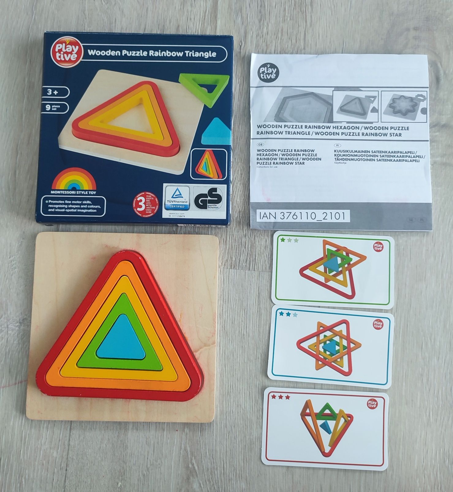 Drewniane puzzle tęczowe trojkaty