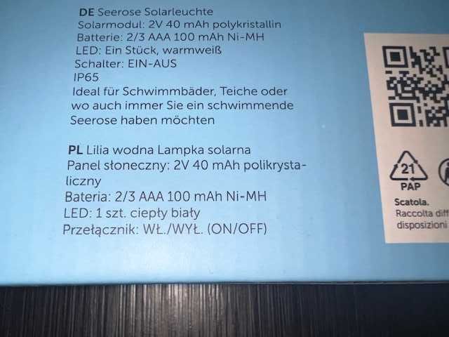 Lampa Solarna Lilia Wodna Led Z Panelem Słonecznym 18cm biała Nowa