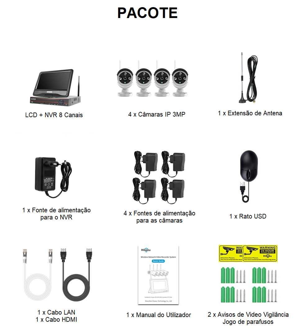 Kit Vigilância 8 Canais * Monitor Incluído * WiFi * 4 Câmaras FULL HD