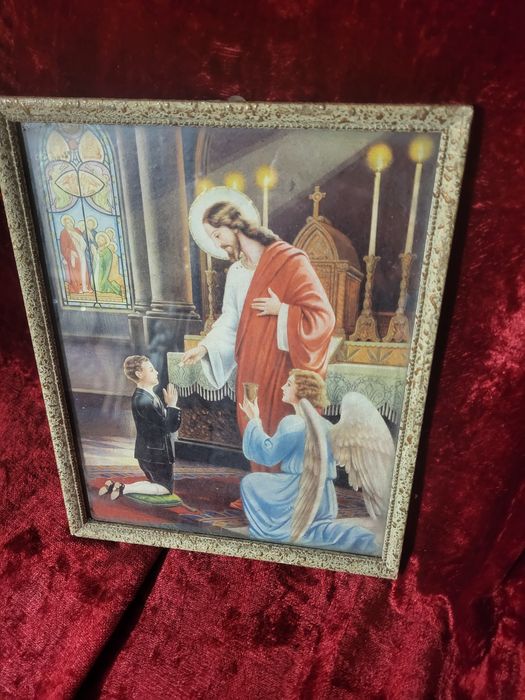 Stary obrazek Pan Jezus Komunia Święta Anioł Stróż