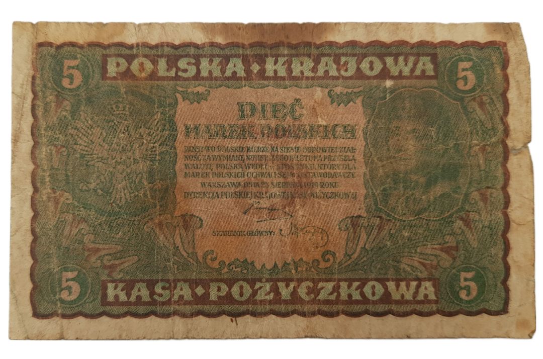 Stary Banknot kolekcjonerski 5 marek polskich Polska 1919
