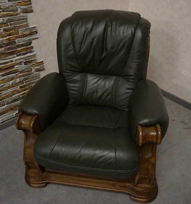 Fotel na Stelażu Dębowym Skóra Naturalna Piękna Zieleń (w-1117)