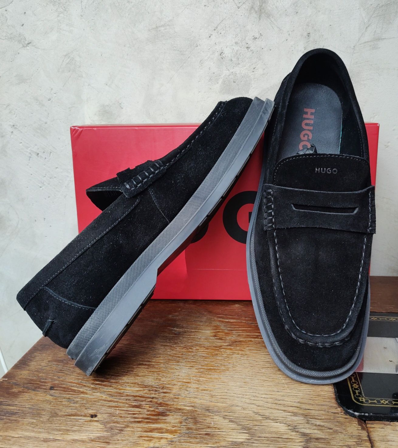 HUGO__buty / mokasyny (43 / 27,5cm) męskie loafers czarne  wesele lato