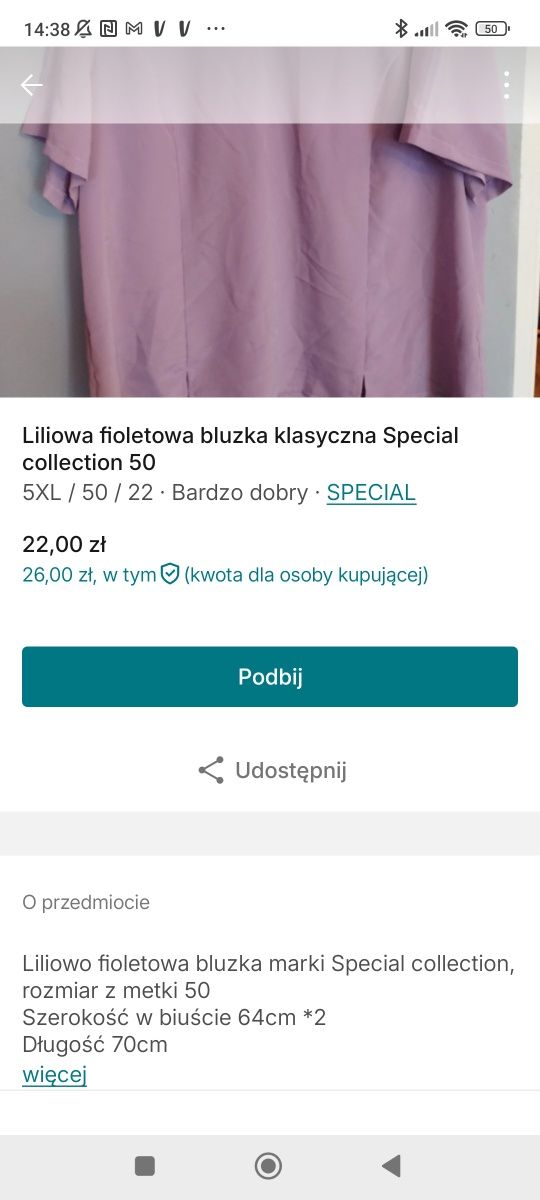 Liliowa fioletowa bluzka klasyczna Special collection 50