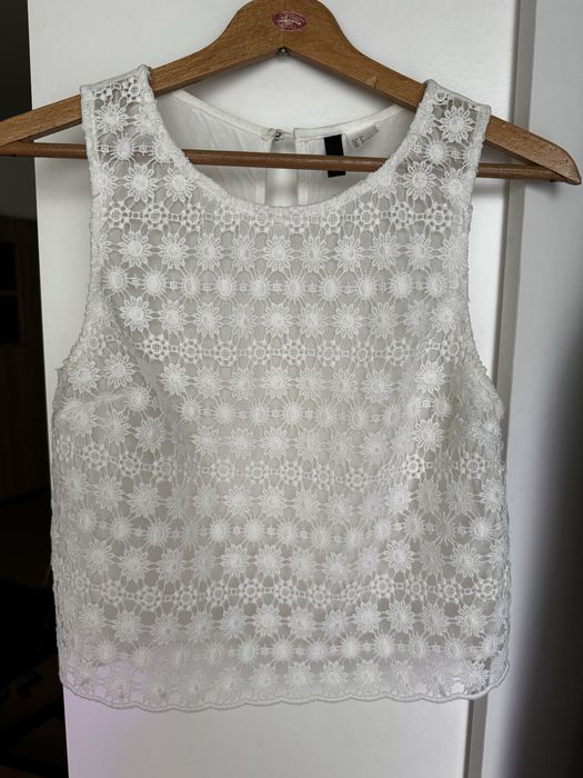 Biała bluzka elegancka ażurowa top kwiaty haftowane boho hippie XS