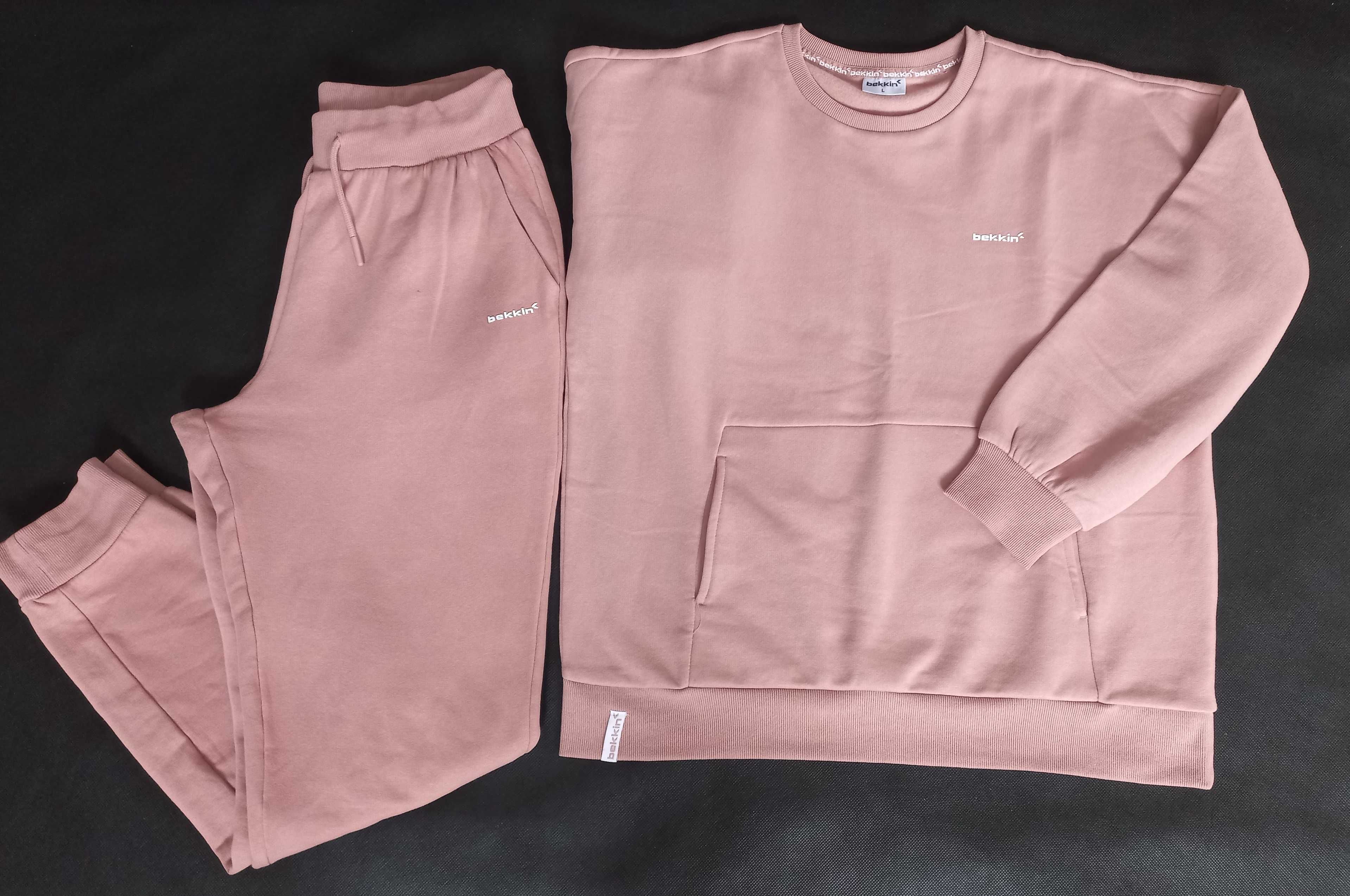 Damski DRES 2części r.M/L ocieplony, bawełna j.NOWY pudrowy róż / beż