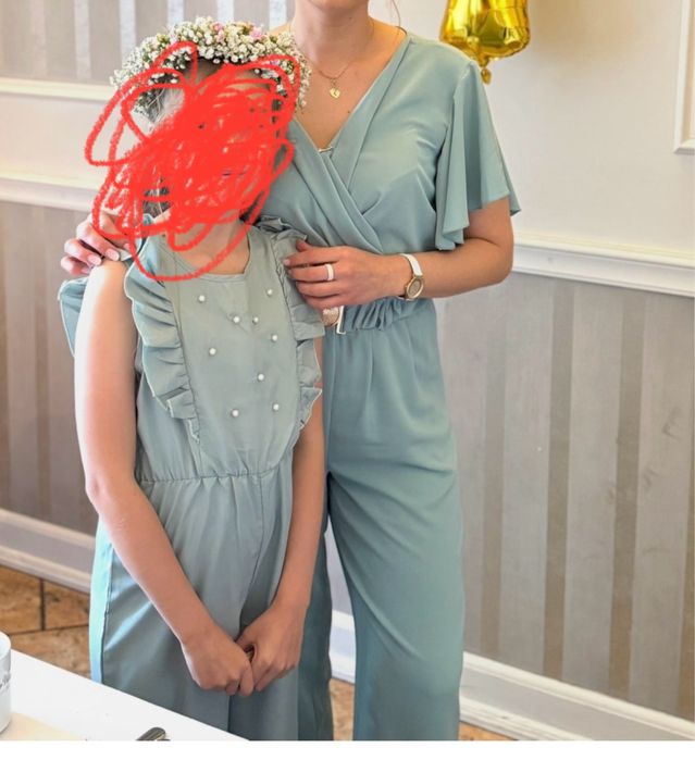 Elegancki kombinezon na uroczystość wesele chrzciny 40 L szałwia długi