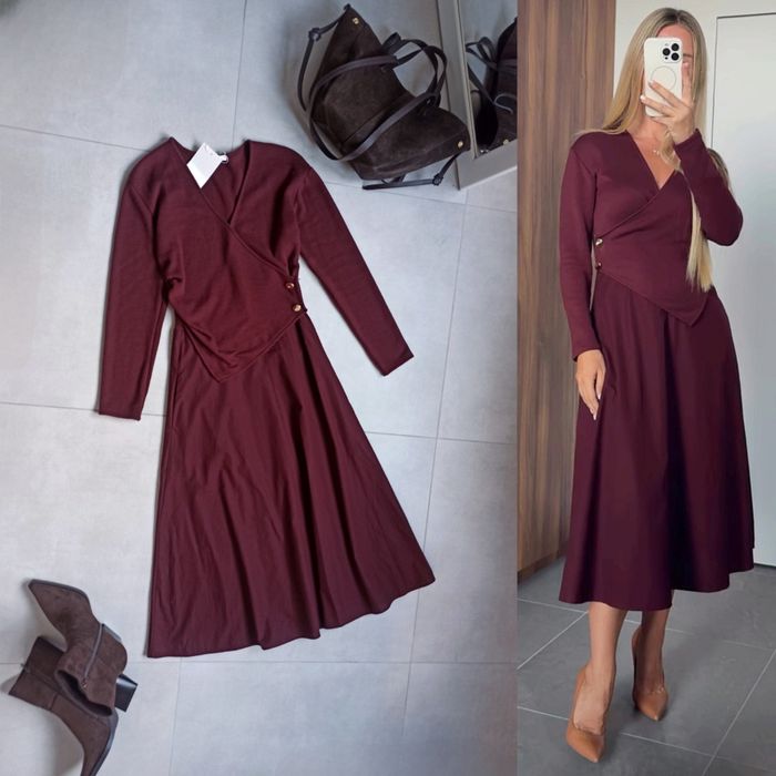 Zara sukienka z łączonych materiałów s 36 bordowa MIDI