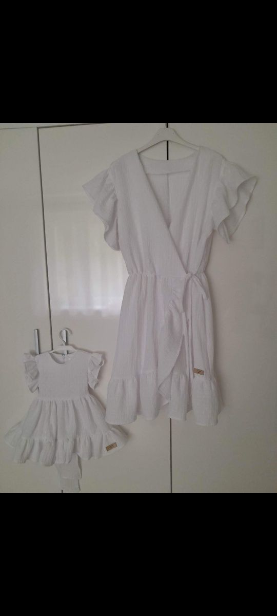 Sukienki muślinowe białe mama plus córka match matchy L, XL, XXL i 74