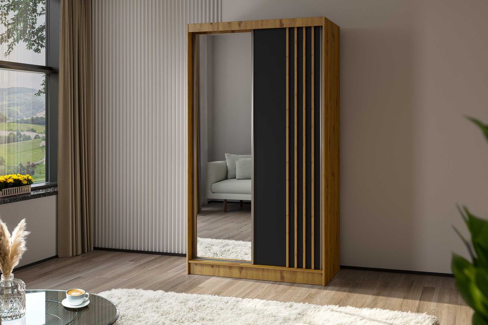Szafa 120 cm z drzwiami przesuwnymi i lustrem . MODNE LAMELE.