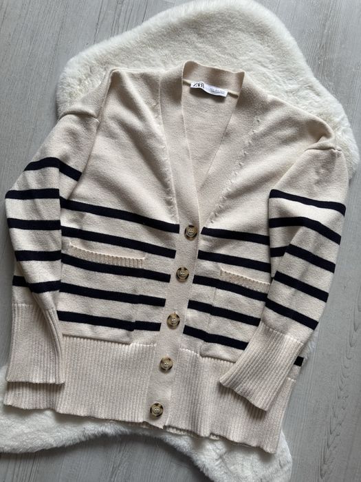Sweter kardigan w paski Zara rozmiar S wiskoza beż