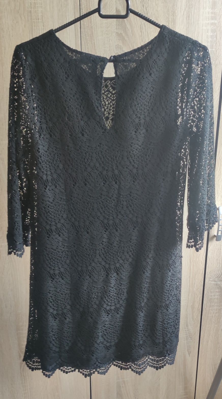 Sukienka czarna koronka Boho styl rękaw 3/4 trapez H&M 36  S