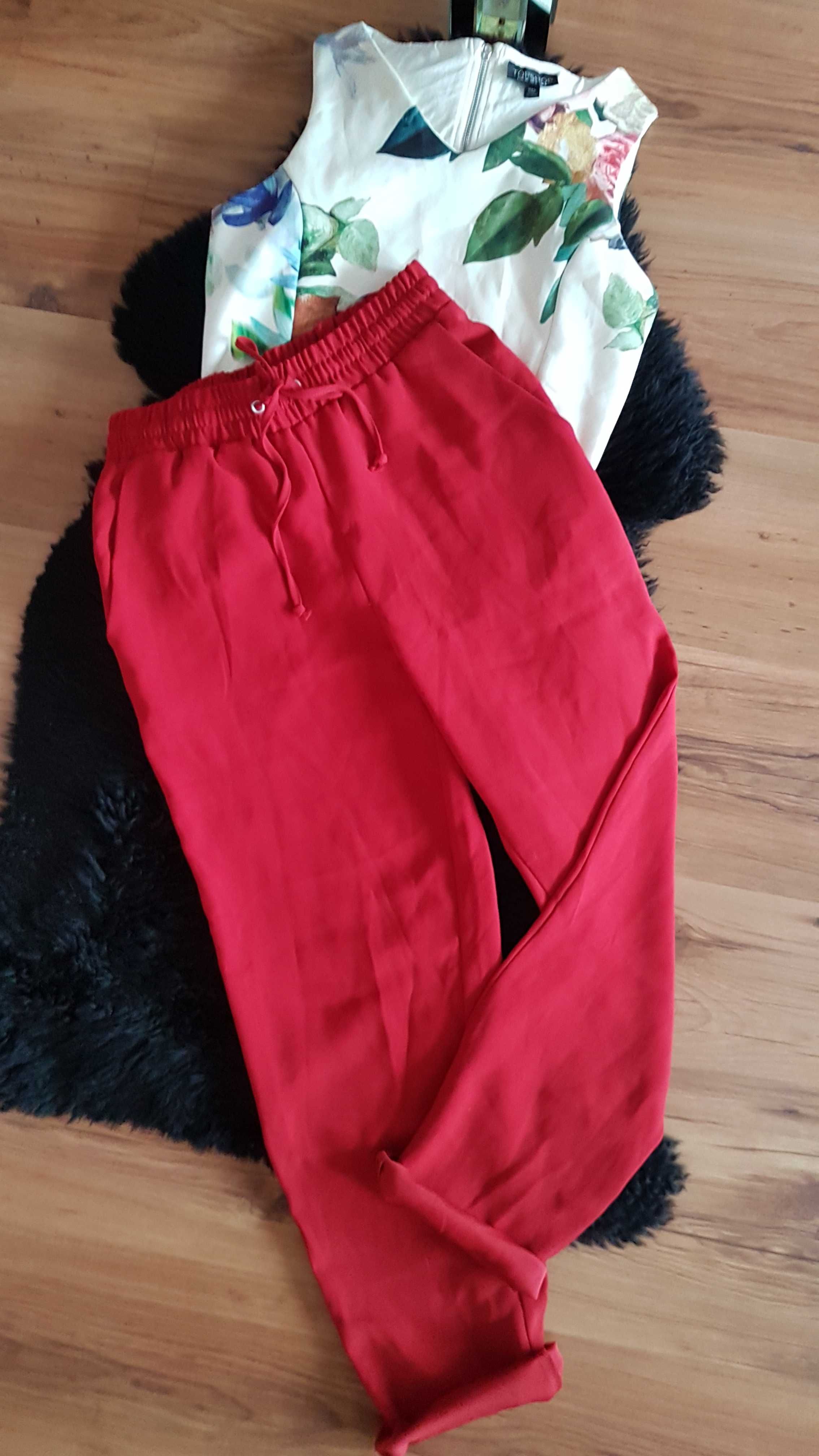 Cudny zestaw;) krótka bluzeczka kwiaty czerwone eleganckie spodnie XS