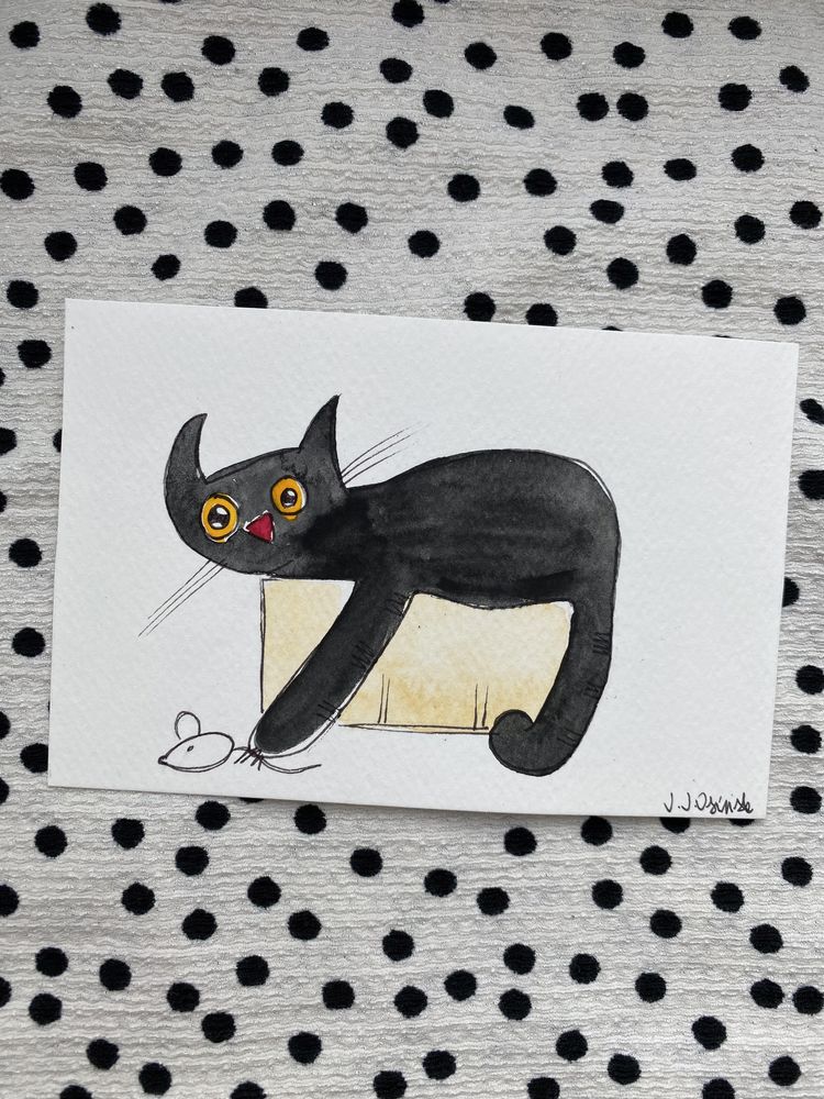 Kartka okolicznościowa ilustracja obrazek czarny kot mysz karton