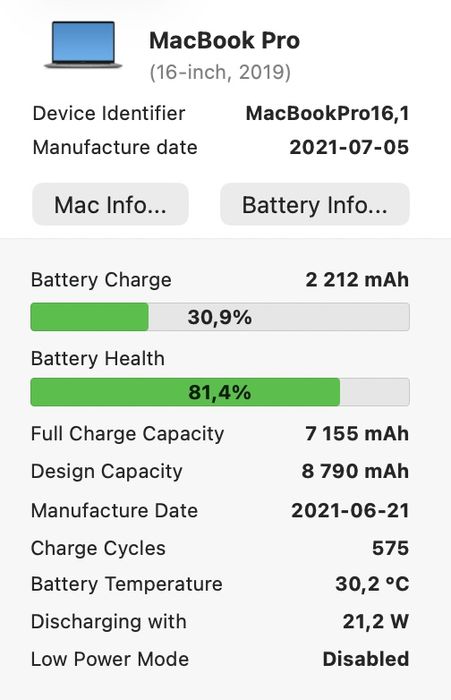 MacBook Pro 16 2019 8-Core i9 16GB 1TB Radeon 5500 4Gb 81%