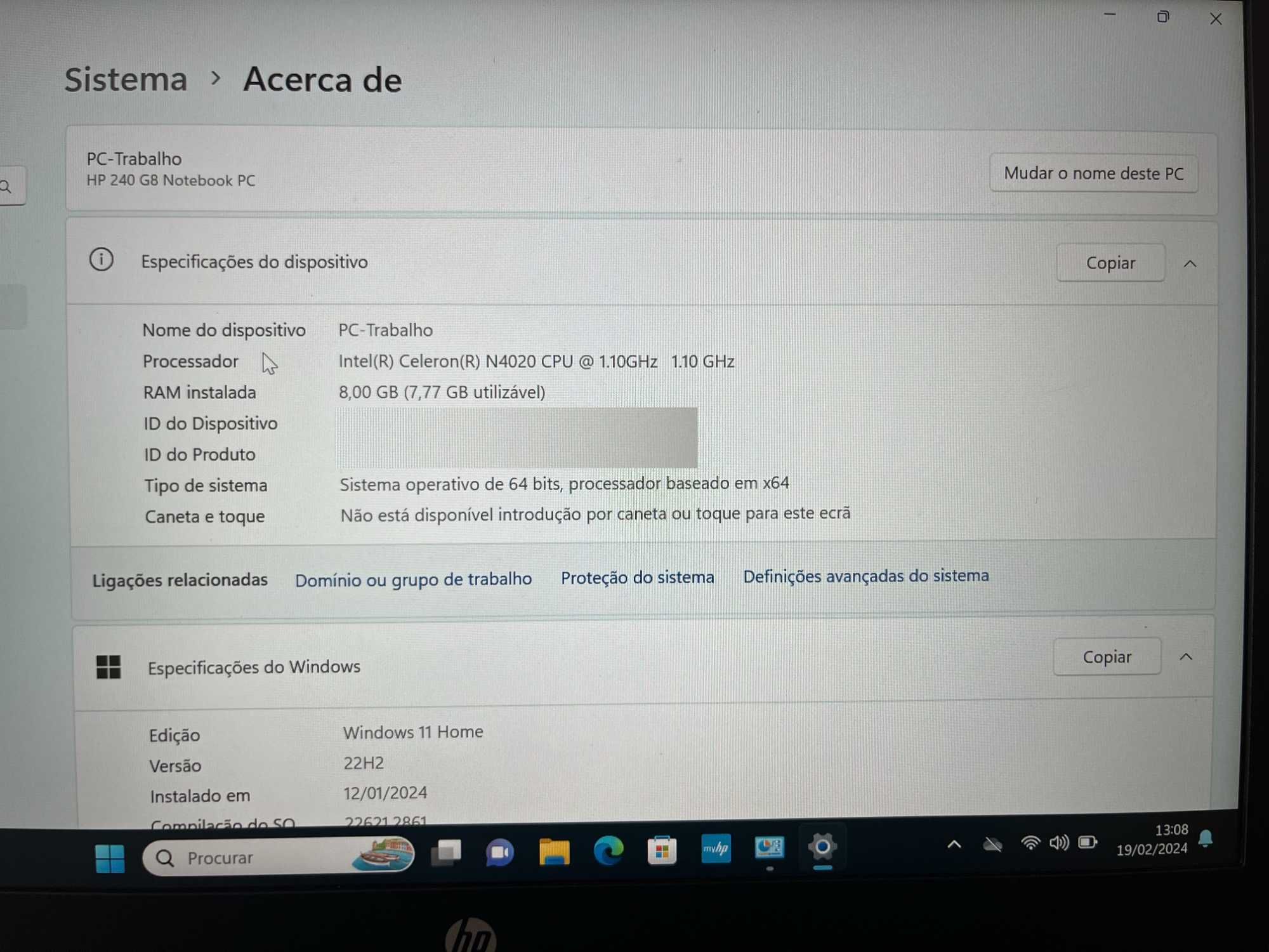 Portatil HP 240 G8 Intel Celeron N4020 - RAM 8GB - SSD 256GB 14''