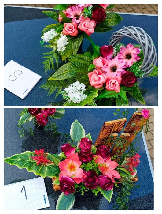 Różne Stroiki na cmentarz,na pomnik wazonu, róż, burgund,zieleń drewno