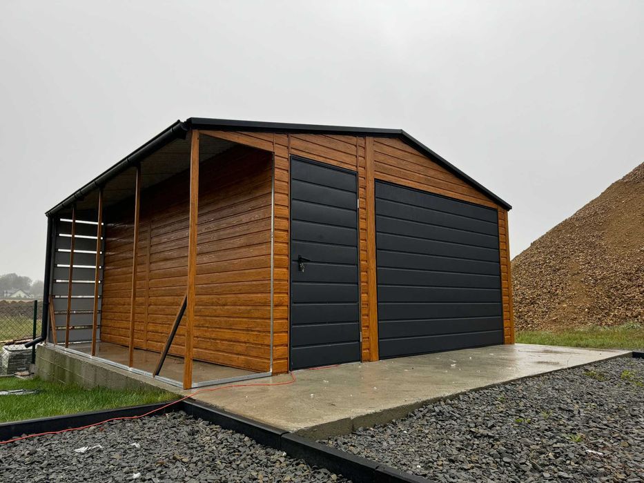 Garaż blaszany dwuspadowy 6x5.8m, złoty dąb + grafit, automat do bramy