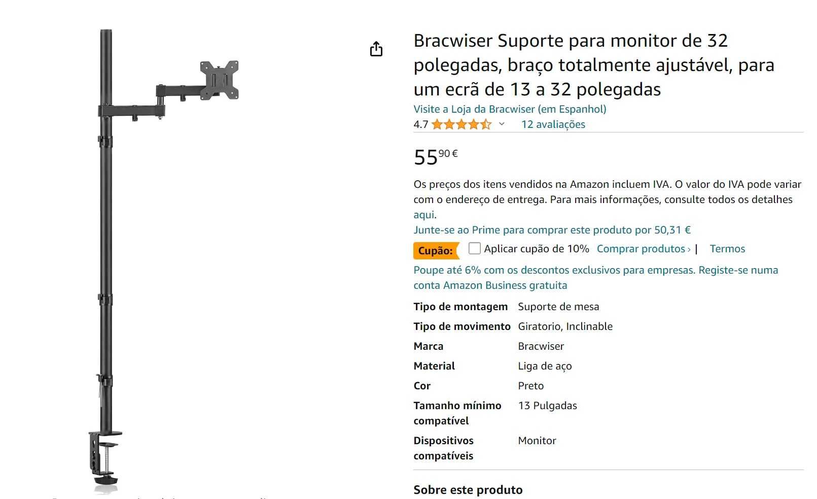 Braço de suporte para monitor Bracwiser 120CM