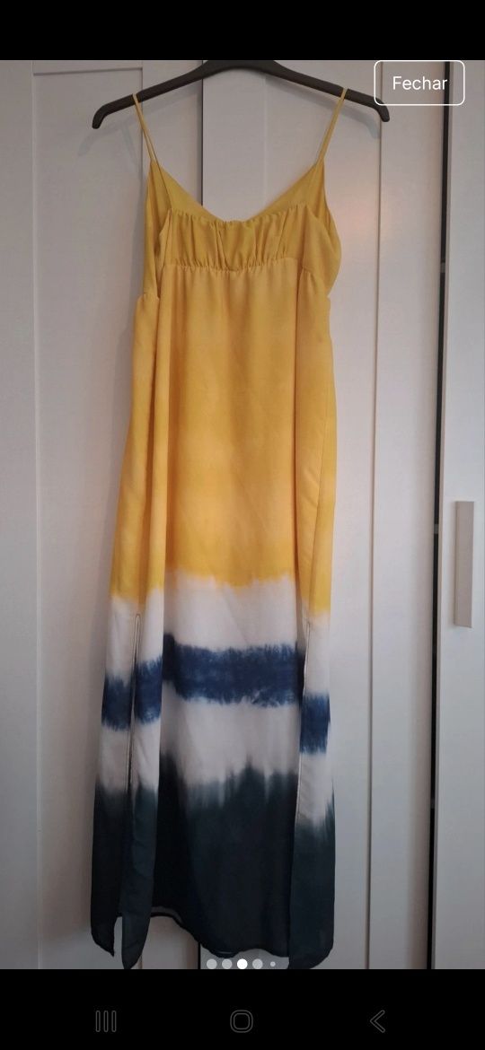 Vestido maxi de verão amarelo e azul