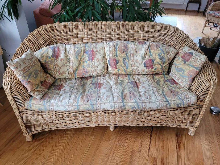 Kanapa Sofa rattanowa naturalny oplot GRUBY poduszki dwuosobowa rattan
