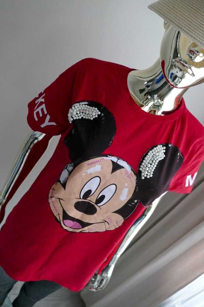 T-shirt czerwony z Myszką Miki Mickey perły cyrkonie L