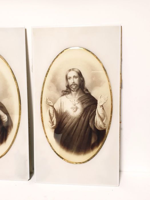 Par de grandes antigas imagens Sagrado Coração Maria e Jesus