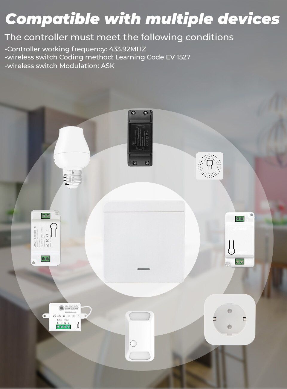 Interruptor de Luz 433MHz de parede sem fios RF 10A com receptor NOVO