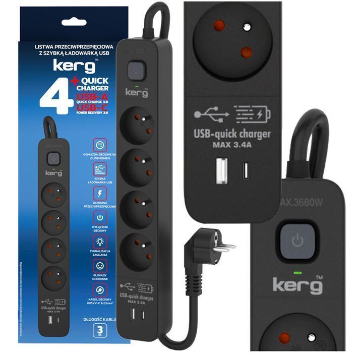 Listwa zasilająca przeciwprzepięciowa 4 gniazd USB/USB-C 3m 16A M02523