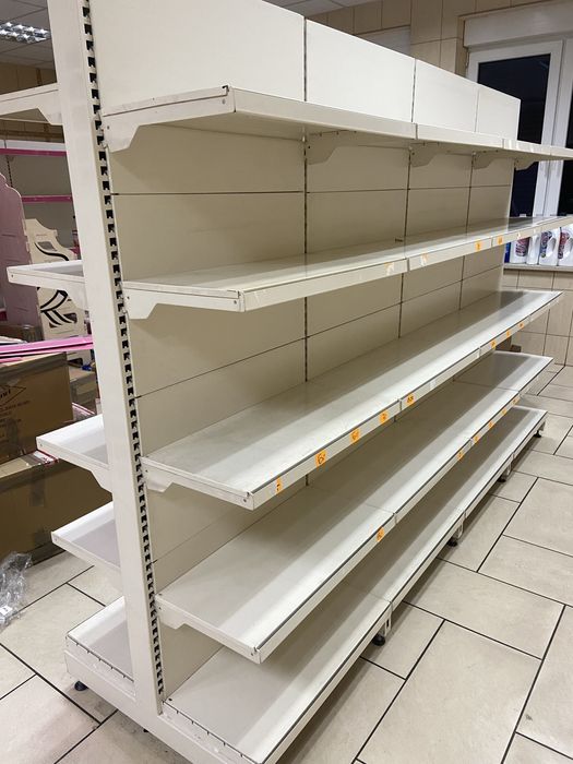 Regaly sklepowe metalowe dwustronne srodkowe 5 półek oraz przyscienne