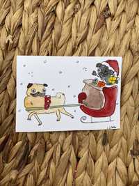 Kartka świąteczna mops buldog sanie prezenty pies boże narodzenie