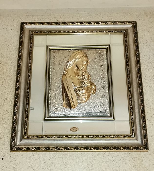 Quadro em PRATA ARG 925 - Mãe de Jesus, com moldura em talha de madeir