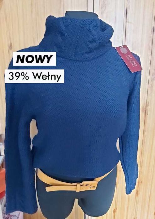 Nowy! Granatowy wełniany sweterek 40,-30%