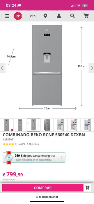 Frigorífico combinado Beko novo dispensador água