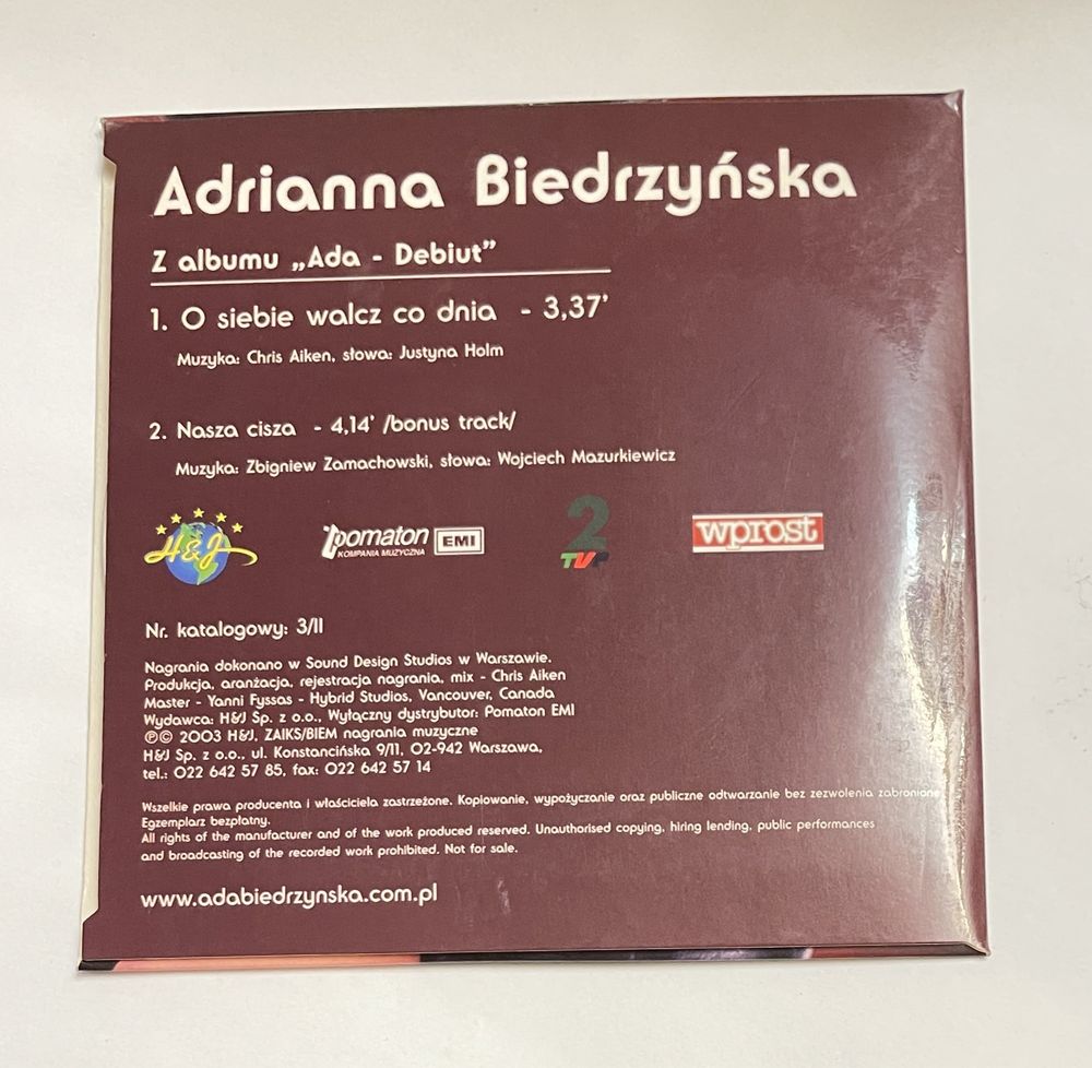 Adrianna Biedrzyńska Osiebie walcz co dnia + bonus cd promo 2003