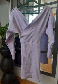 Sukienka bawełniana liliowa kopertowa tuba dopasowa elastyczna dekolt