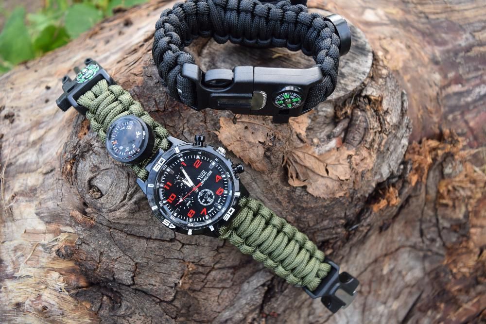 Pulseira paracord com RELÓGIO flint e bússola verde\preta airsoft