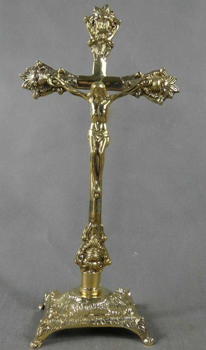 Mosiężny Krzyż stojący krucyfiks pasyjka JEZUS 38,5 cm BAROK