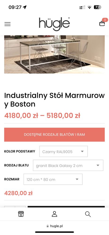 HUGLE Stol do jadalni 120x80 z marmurowym blatem