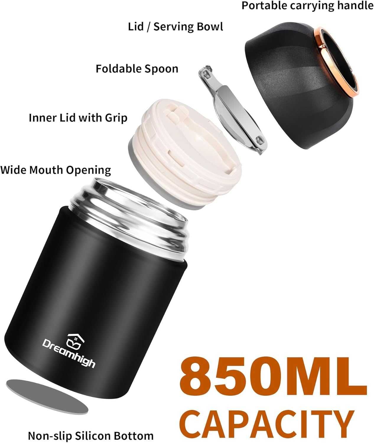 Dreamhigh® Pojemnik termiczny na żywność, 850 ml, ze stali nierdzewnej