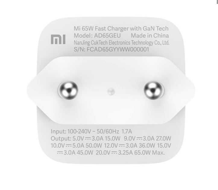 Szybka Ładowarka Xiaomi AD65GEU GAN 65W Fast Charger 3250mA 1 x USB-C