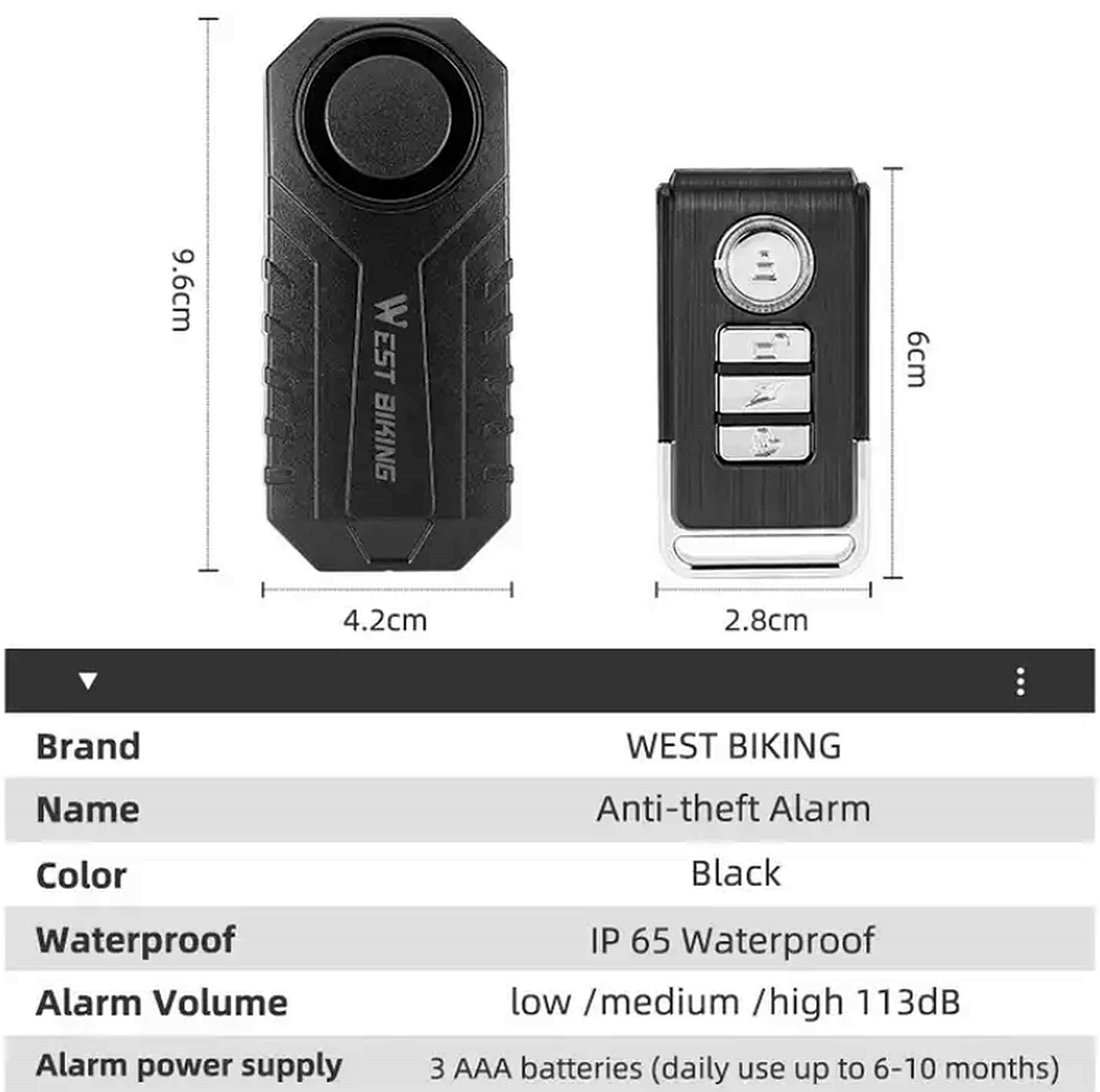 WESTBIKING Alarm Rowerowy Zasięg 80m Bardzo Głośny Reakcja Na Wstrząsy