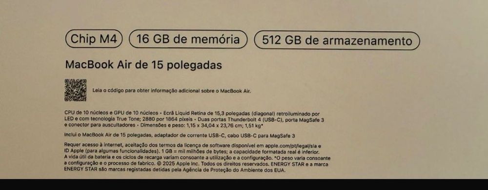 Macbook Air 15” chip M4 16Gb memoria 512 Gb armazenamento