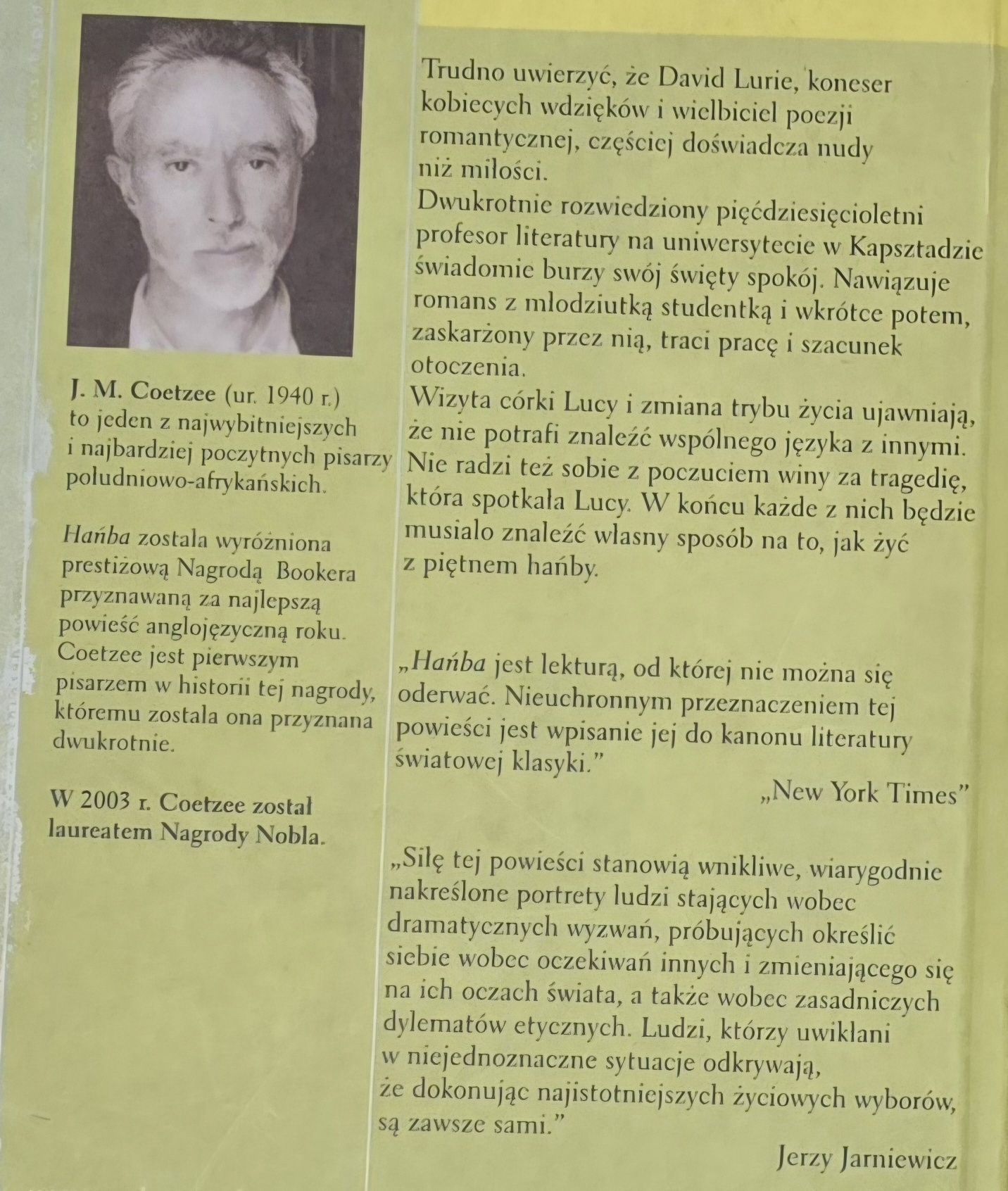 Coetzee J. M. Hańba. Nobel 2003.